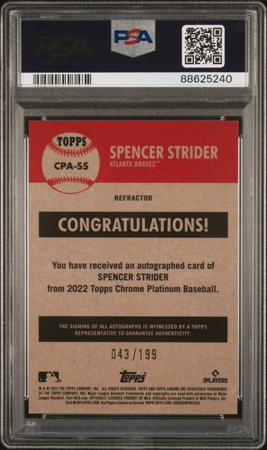 2022 Platinum Anniversary #SS - Spencer Strider Auto-Refractor /199 PSA 10 GEM MT - GotBaseballCards