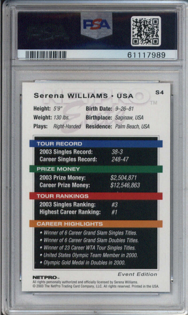 2003 NetPro Elite Event Starter #54 Serena Williams USA PSA 10 Gem Mint (989) Image 2